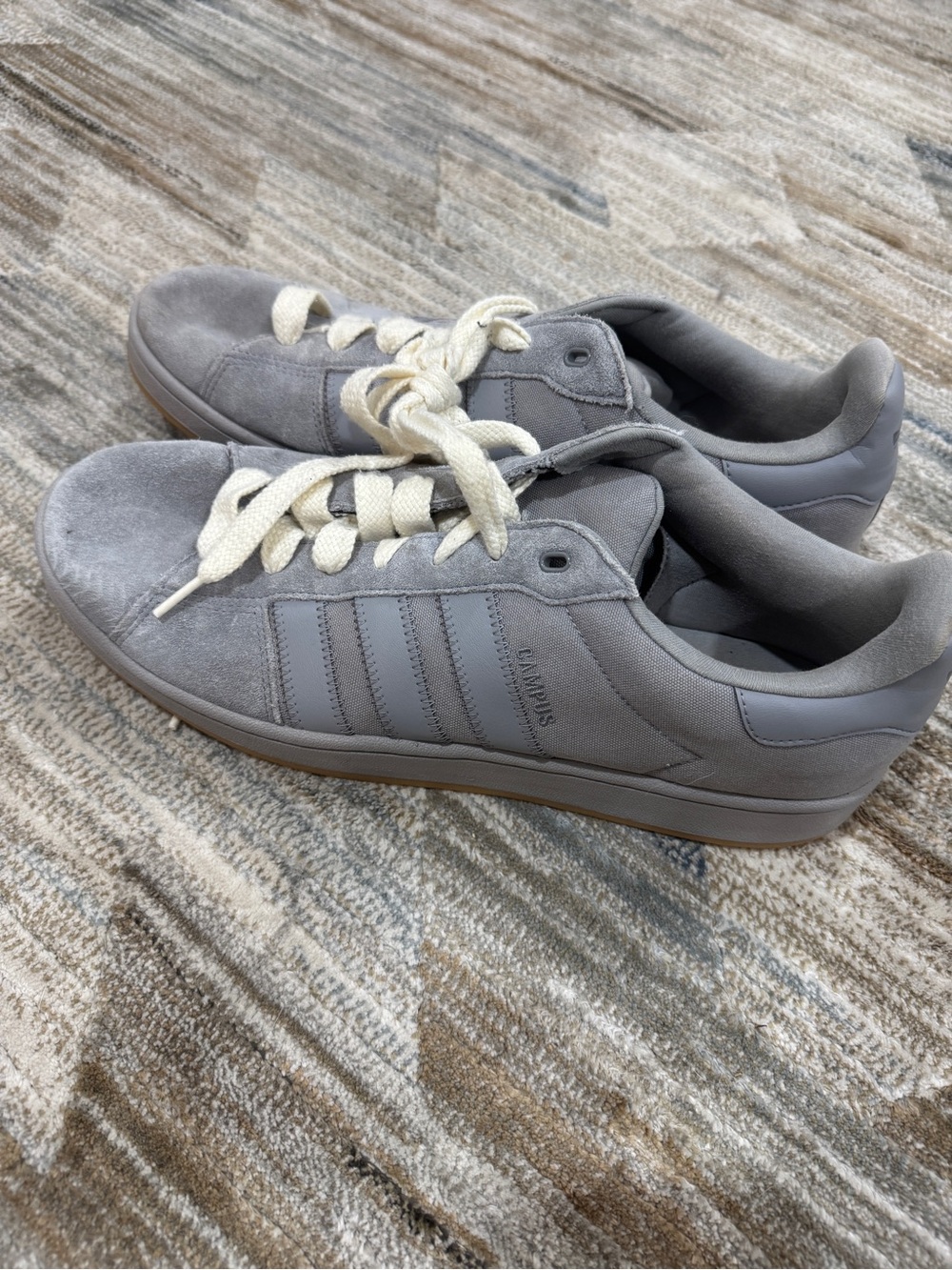 adidas Campus Sneakers in Light Gray Suede with Off-White Laces
